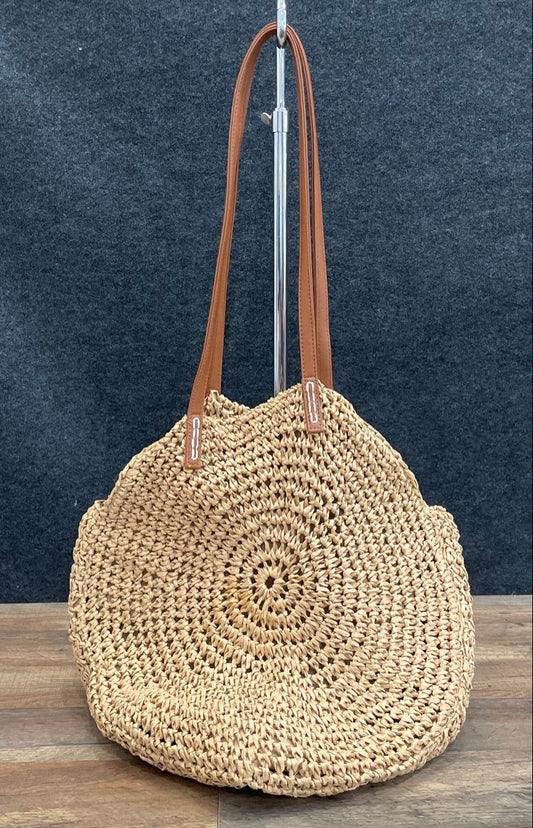 American Eagle Natural Beige Woven Straw Large Tote Bag Faux Leather Straps