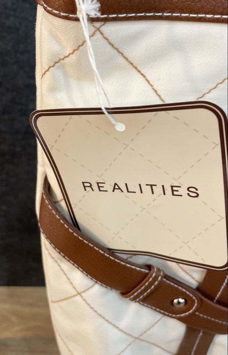 Realities White Quilted Shoulder Bag Tan Trim Tote Purse NWT