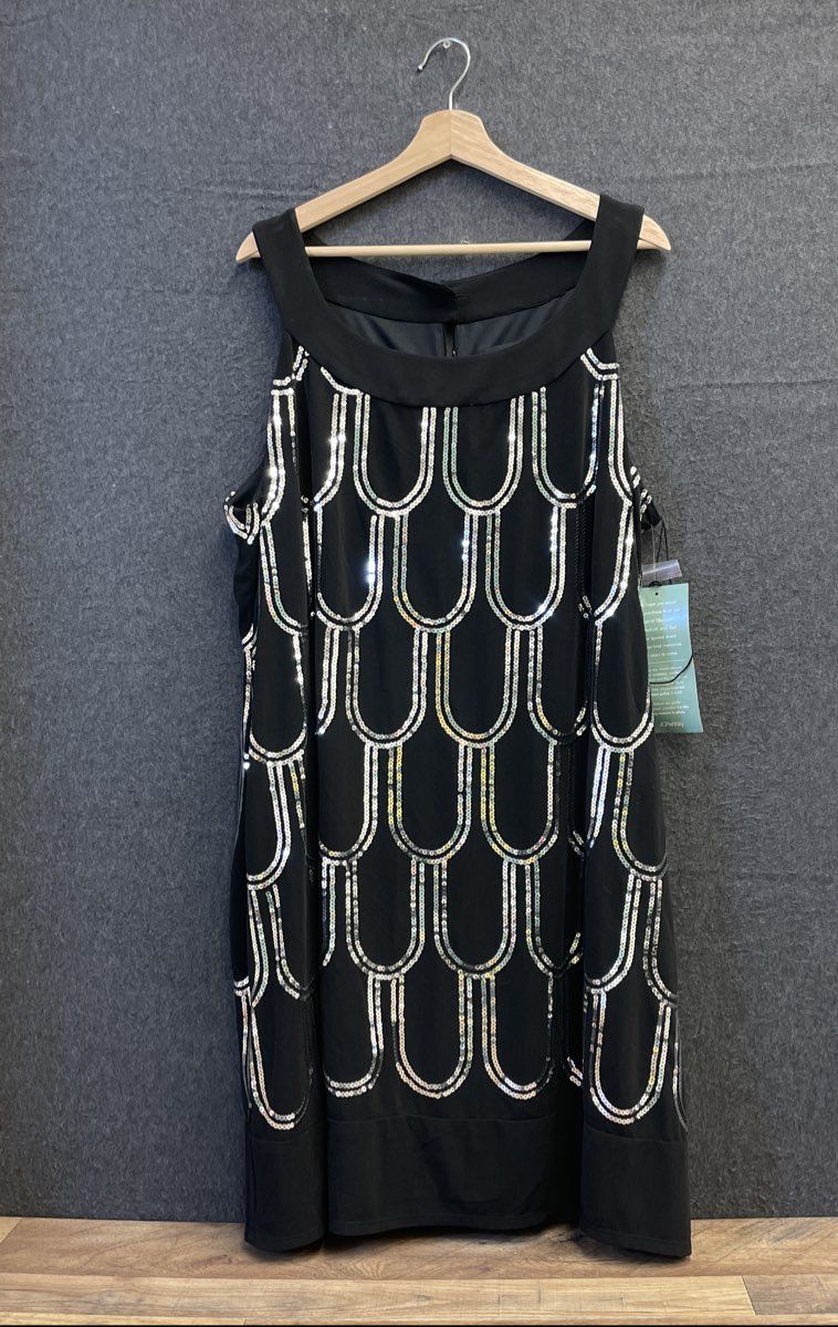 Scarlett Nite Women's Black Sequin Scalloped Art Deco Sleeveless Dress NWT 20W
