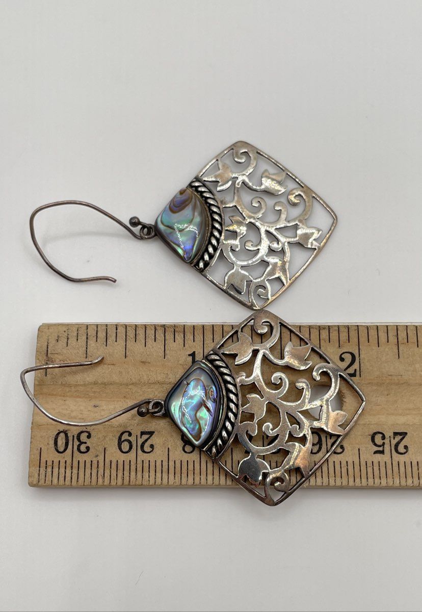 CFJ 925 Sterling Silver Abalone Filigree Dangle Earrings 5.2g