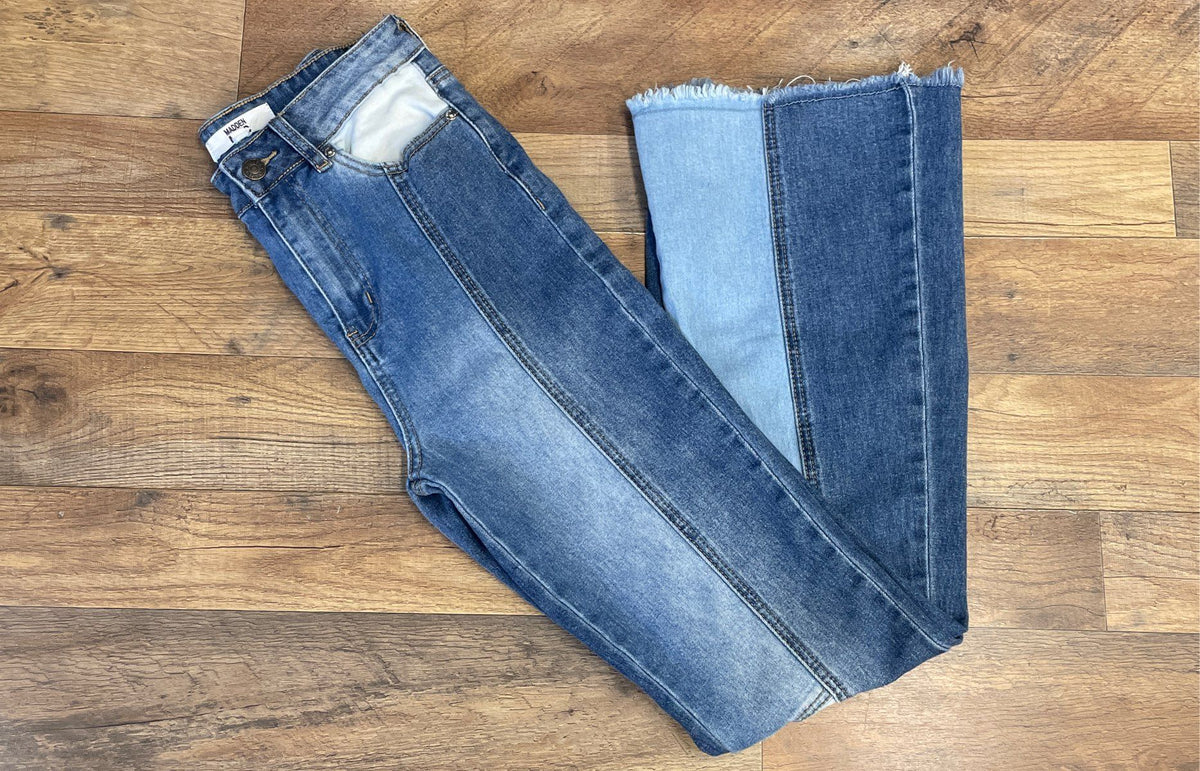 Madden NYC Women's Blue Patchwork Raw Edge Flared Jeans Sz 1
