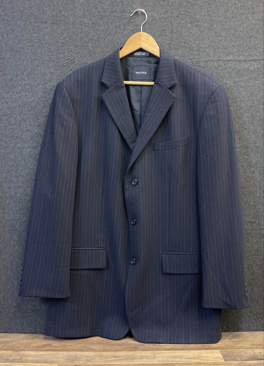 Nautica Men's Navy Blue Pinstripe 100% Wool 3-Button Blazer Sport Coat Sz 42L