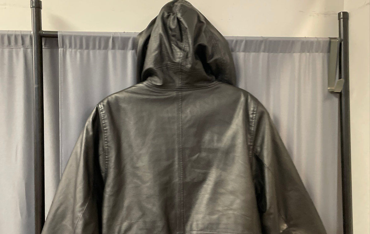 Vintage 90s Comint Women's Black Leather Hooded Double Breasted Jacket Sz M
