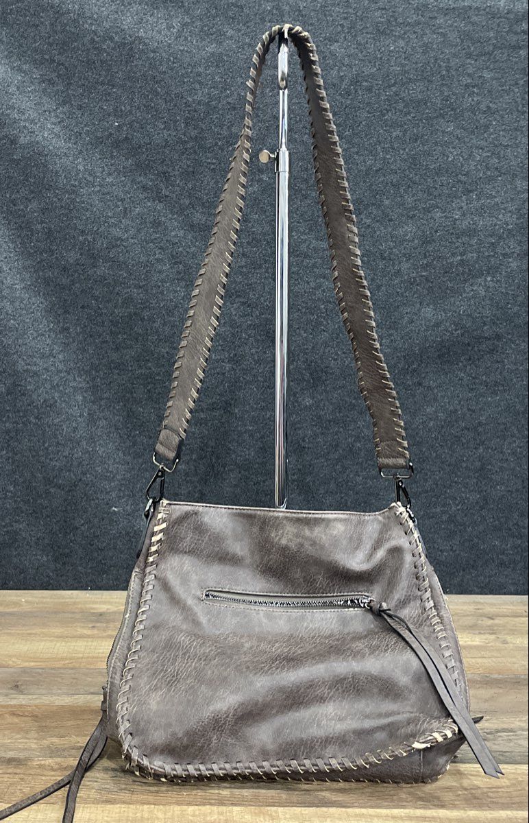 Antik Kraft Grey Vegan Leather Whipstitch Crossbody Hobo Shoulder Bag