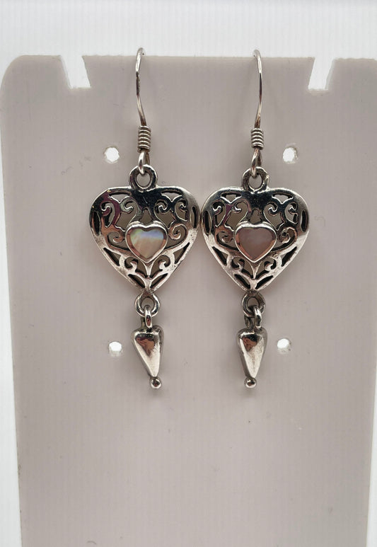 925 Sterling Silver Mother Of Pearl Openwork Filigree Heart Drop Earrings 3.8g