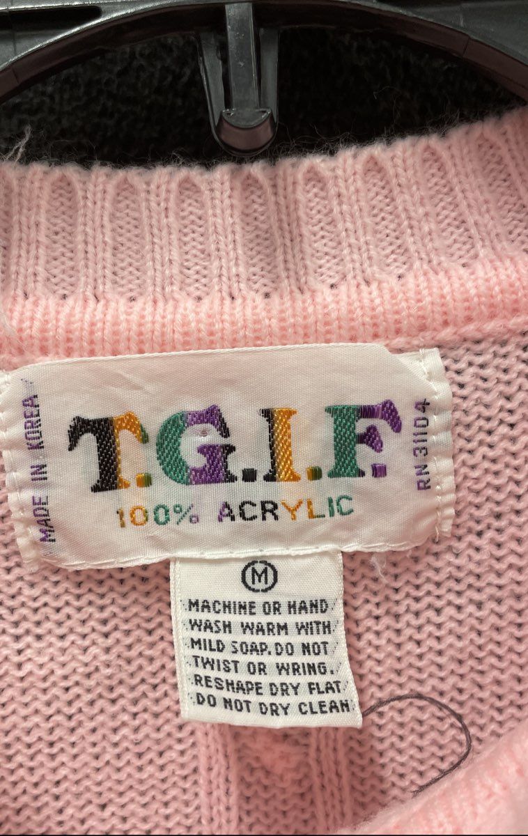 Vintage 80s T.G.I.F. Pink Cable Knit Crew Neck Sweater Made in Korea Sz M