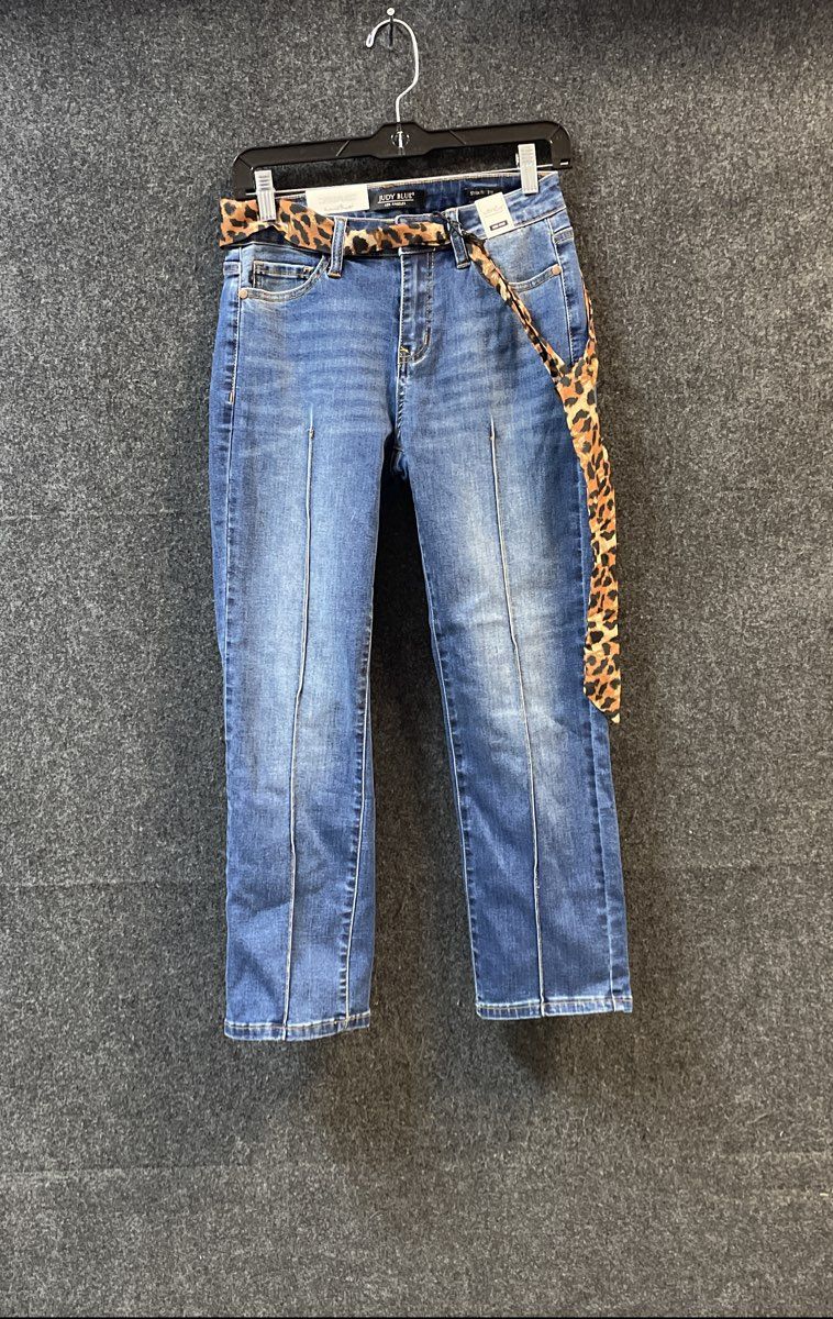 Judy Blue Women's Mid Rise Straight Leg Jeans Leopard Belt Seam Sz 7/28 NWT