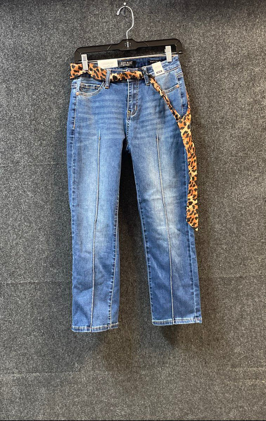 Judy Blue Women's Mid Rise Straight Leg Jeans Leopard Belt Seam Sz 7/28 NWT