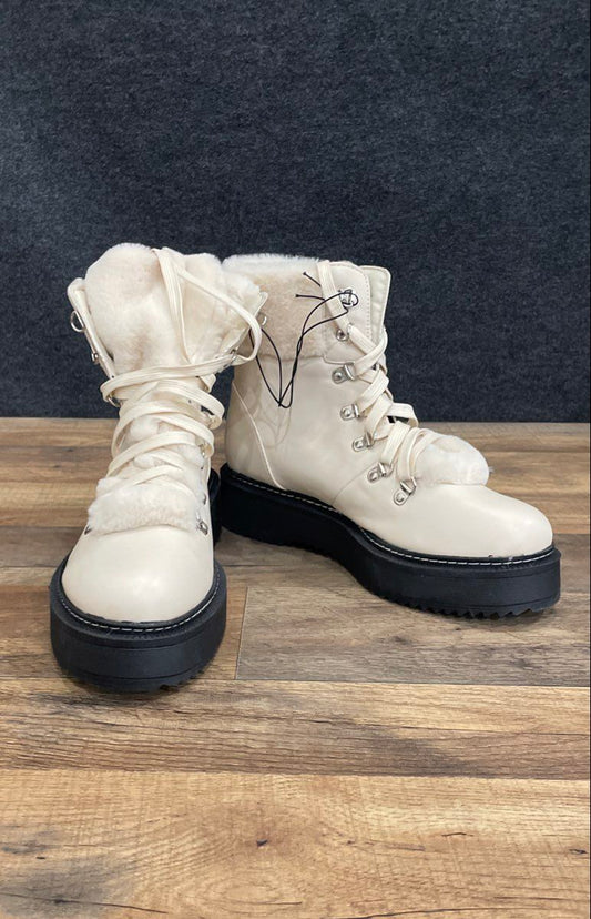 Nicole Miller White Faux Fur Trim Platform Hiking Combat Boots Women's Size 9