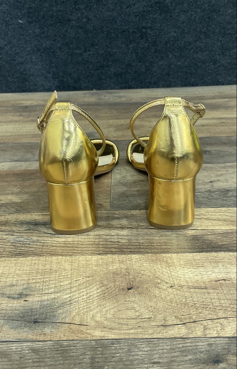 Nine West Gold Metallic Ankle Strap Block Heel Square Toe Sandals Size 7M