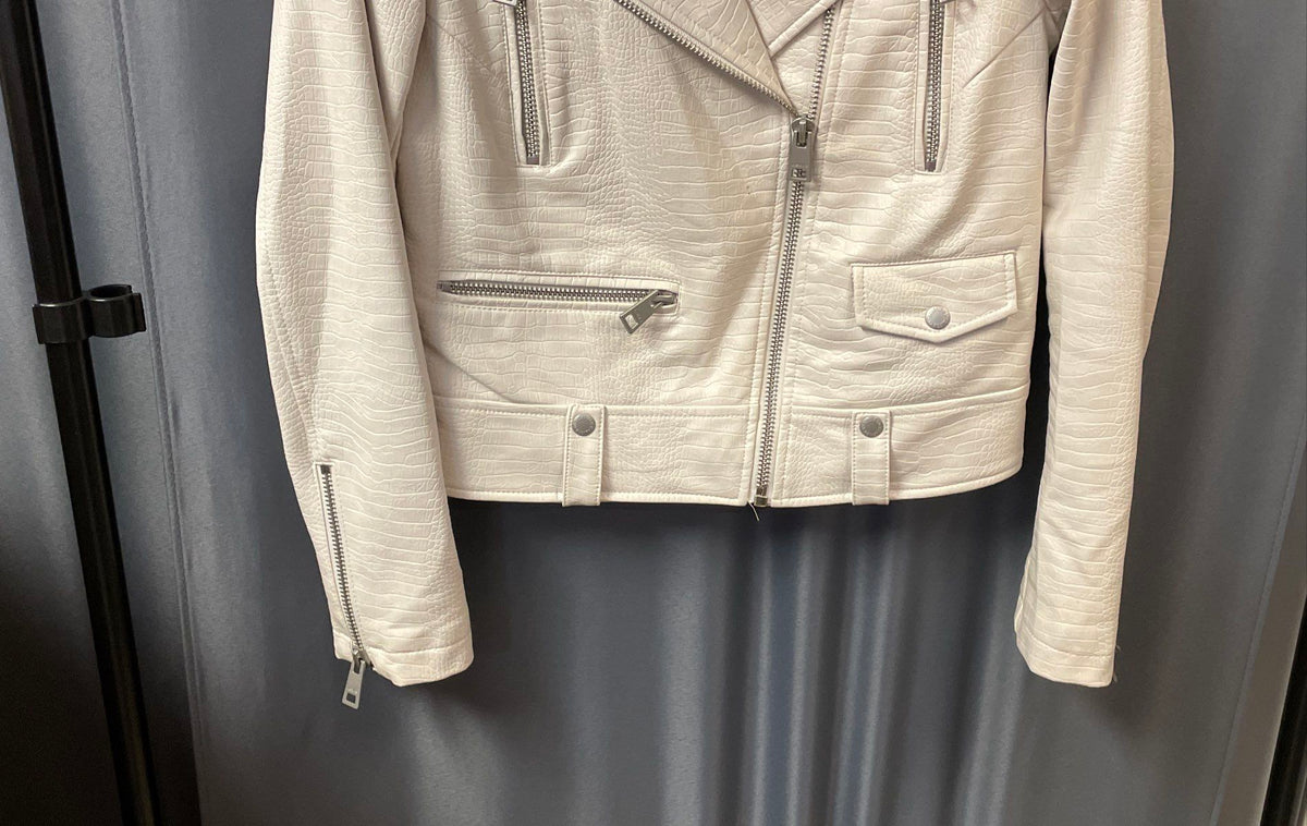 Levi's Women's White Croc Texture Faux Leather Moto Biker Jacket Sz S