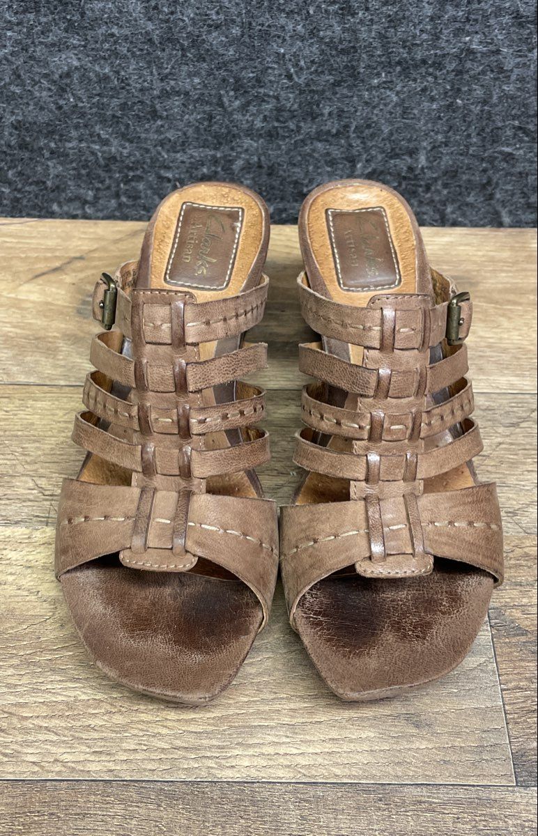 Clarks Artisan Brown Leather Strappy Wedge Sandals Mules Women's Size 7M