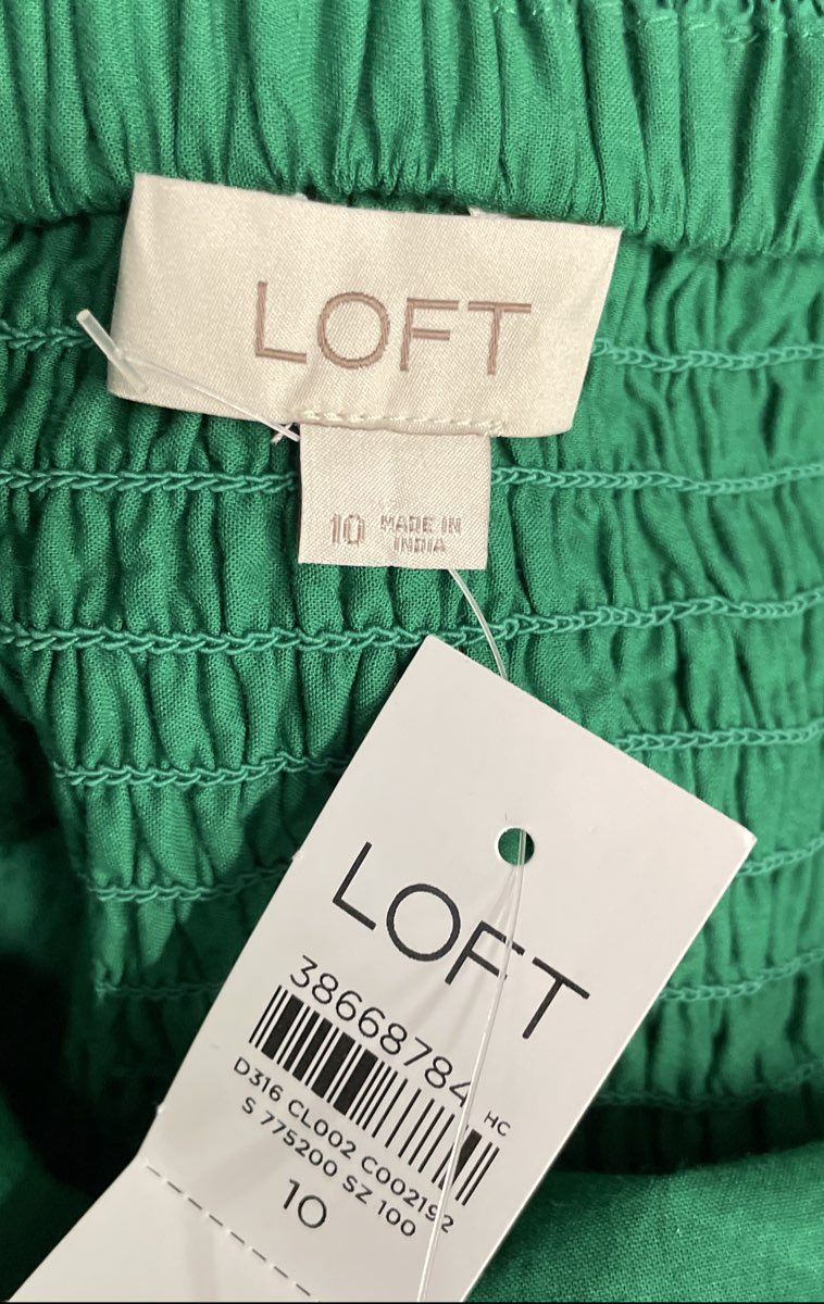 LOFT Women's Green Ruched Tie Back Spaghetti Strap Cotton Midi Dress Sz 10 NWT