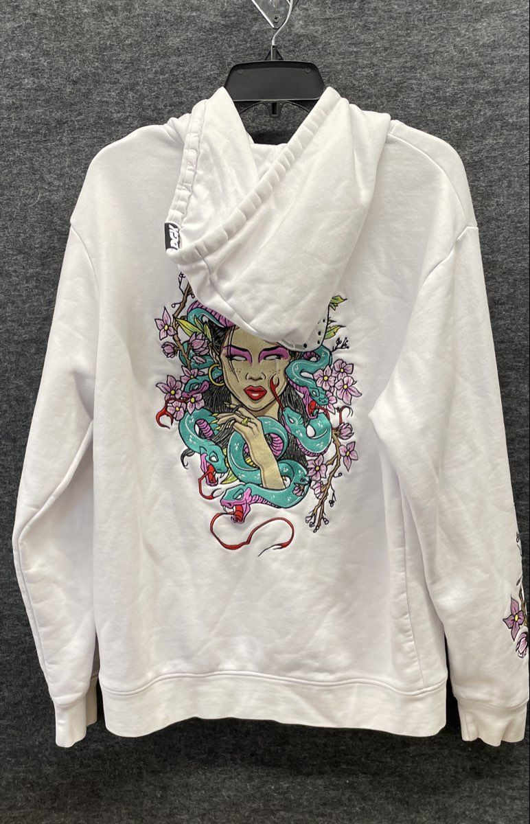 DGK Men's White Pink Floral Jason Hockey Mask Medusa Embroidered Hoodie Sz M