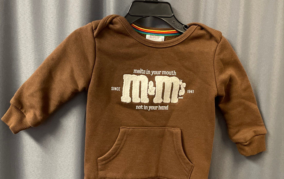 M&M's Brown Fleece Pullover Hoodie & Romper Lot Unisex Baby Toddler Sz 4 & 12M