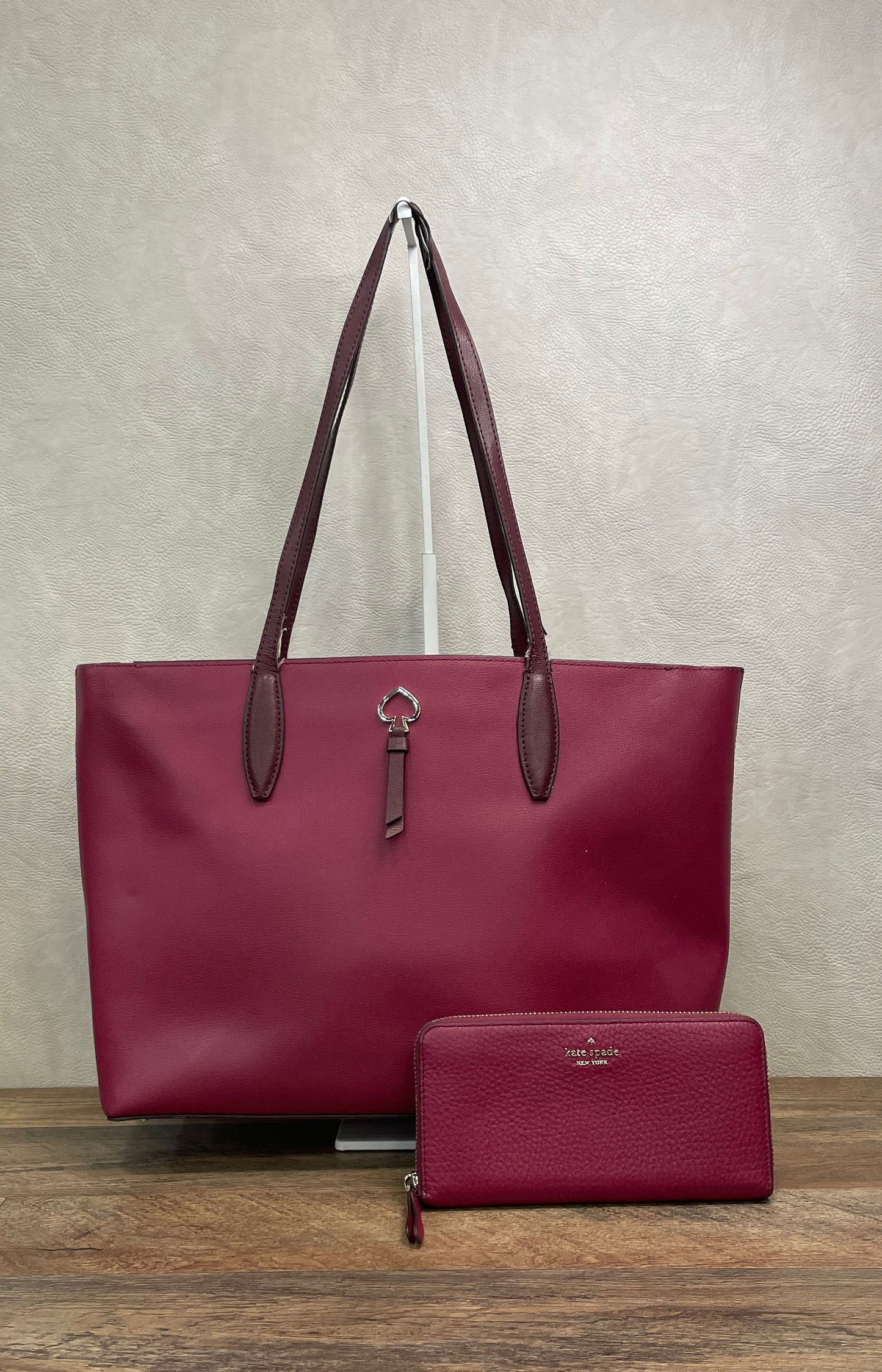 Kate Spade Cranberry Pebbled Leather Tote Bag and Matching Wallet Lot of 2