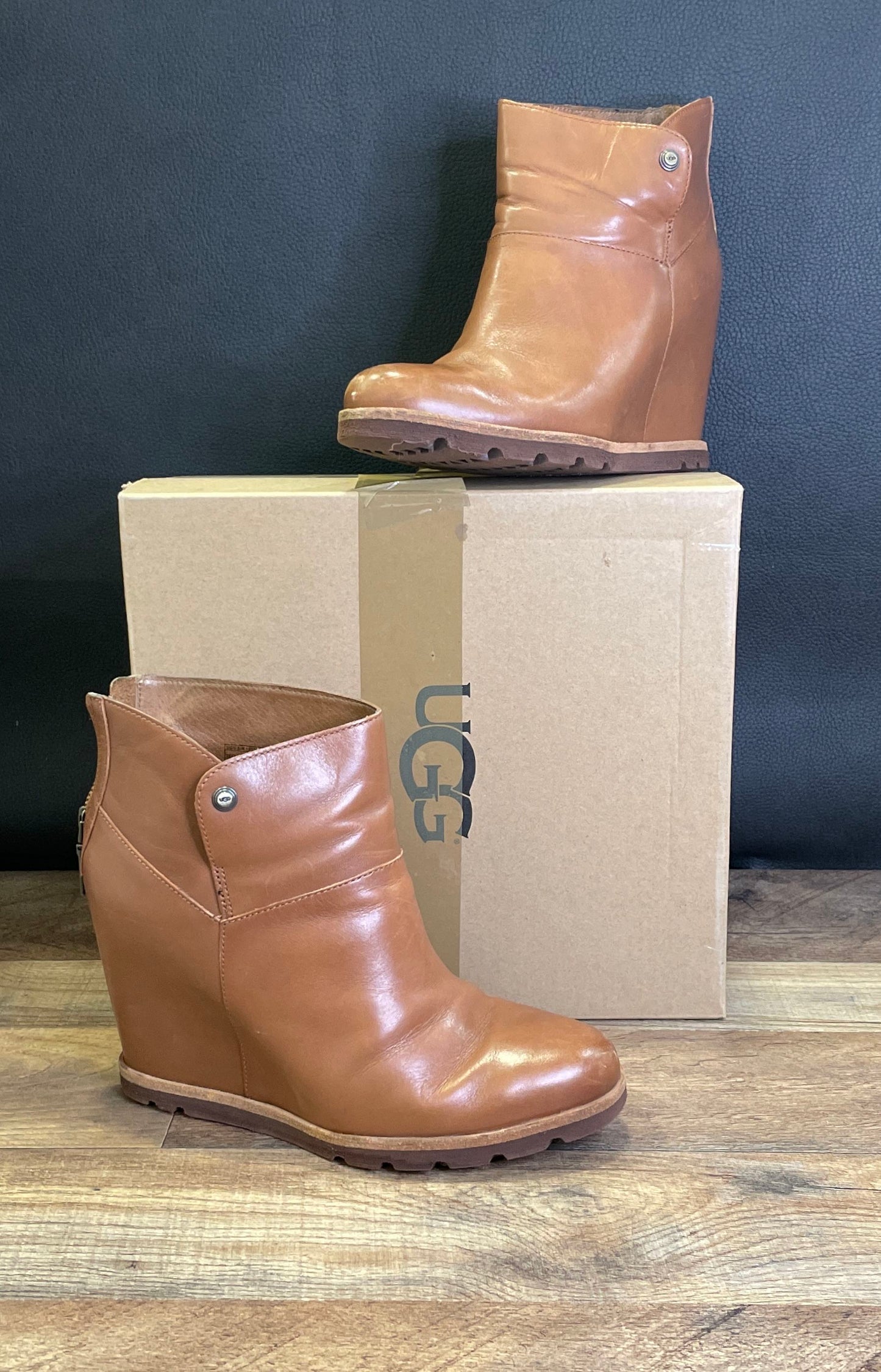 UGG Yarin Chestnut Leather Wedge Ankle Boots Women's Size 8