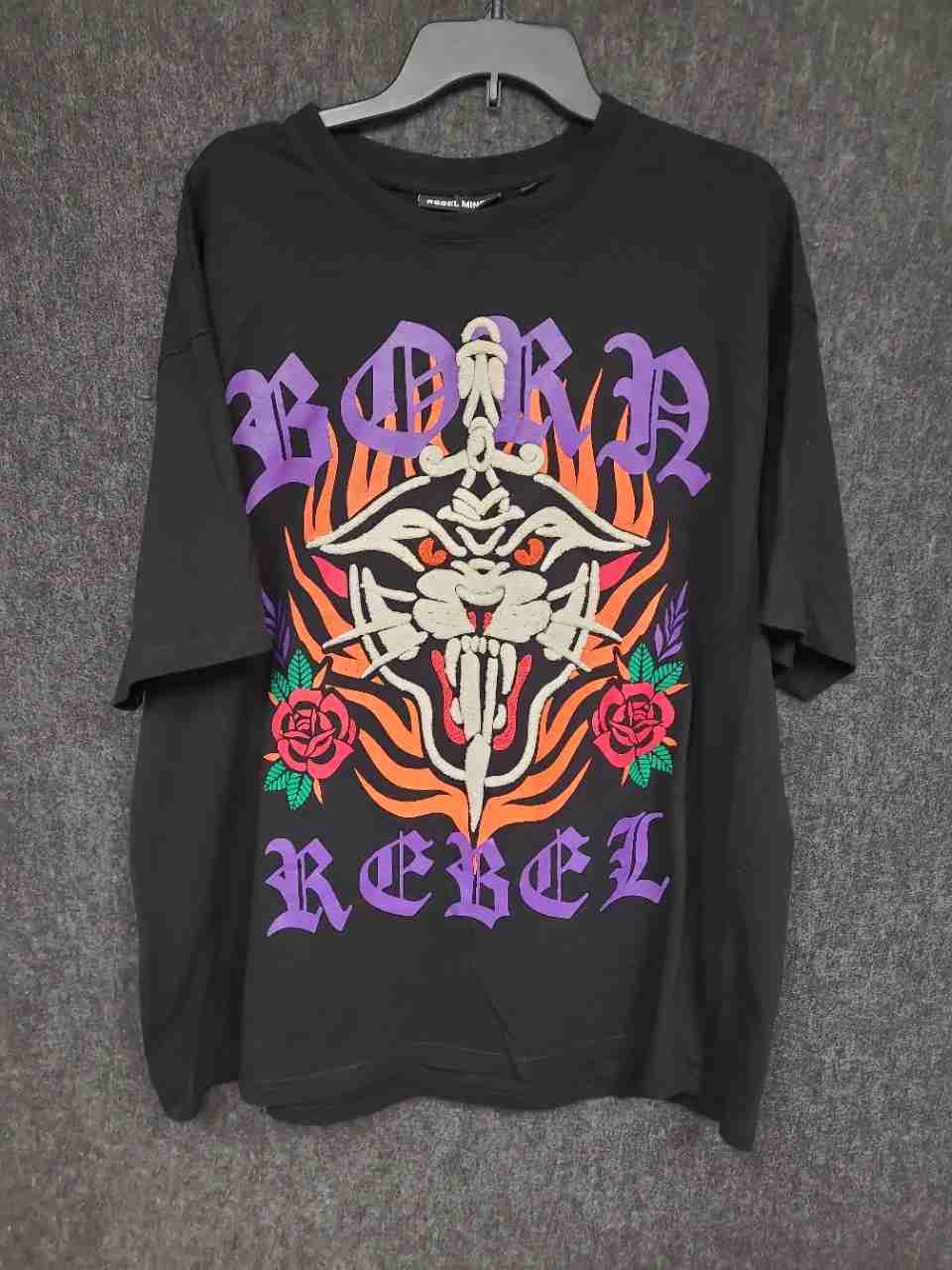 Rebel Minds Born Rebel Tiger Dagger Graphic Streetwear T-Shirt Black Sz 2XL
