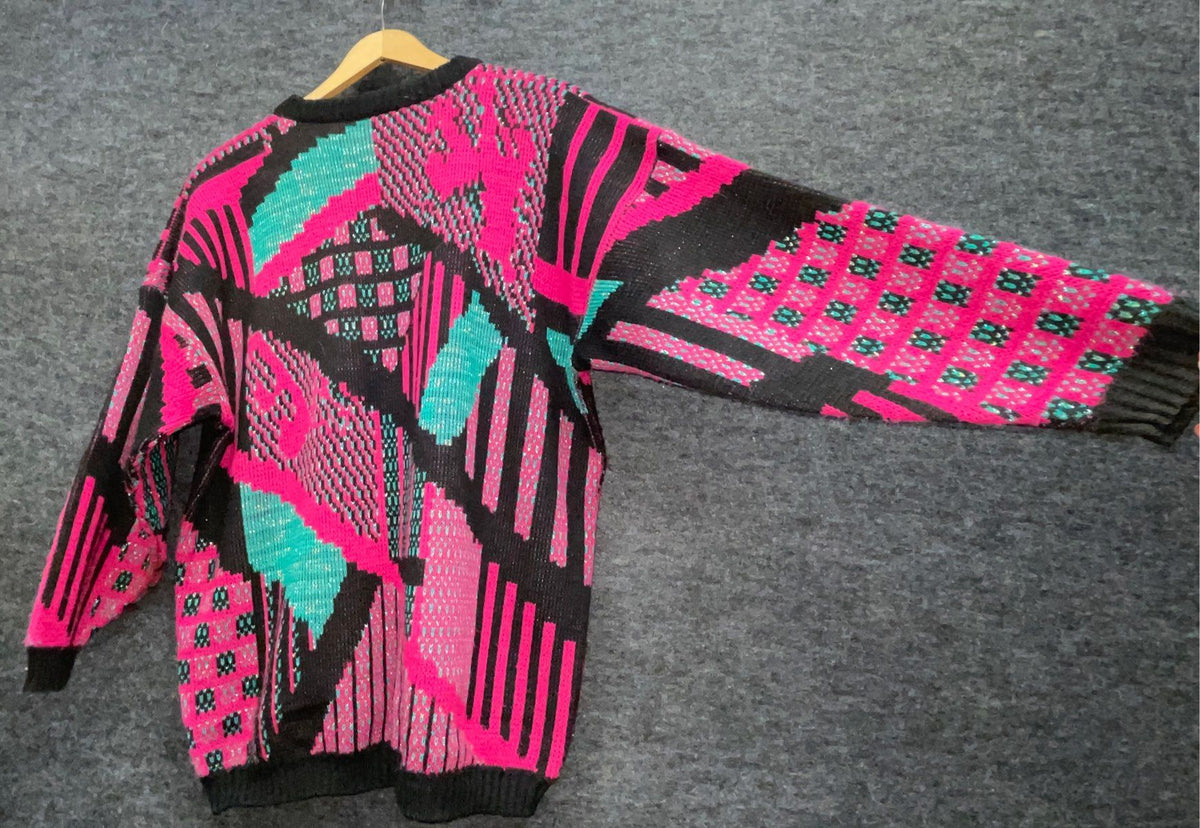 Vintage 80s Studio Graphics Women's Abstract Geometric Neon Knit Sweater Sz L