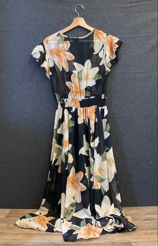 Alexa B Women's Black Floral Chiffon Maxi Dress Flutter Sleeve Smocked Sz 10P