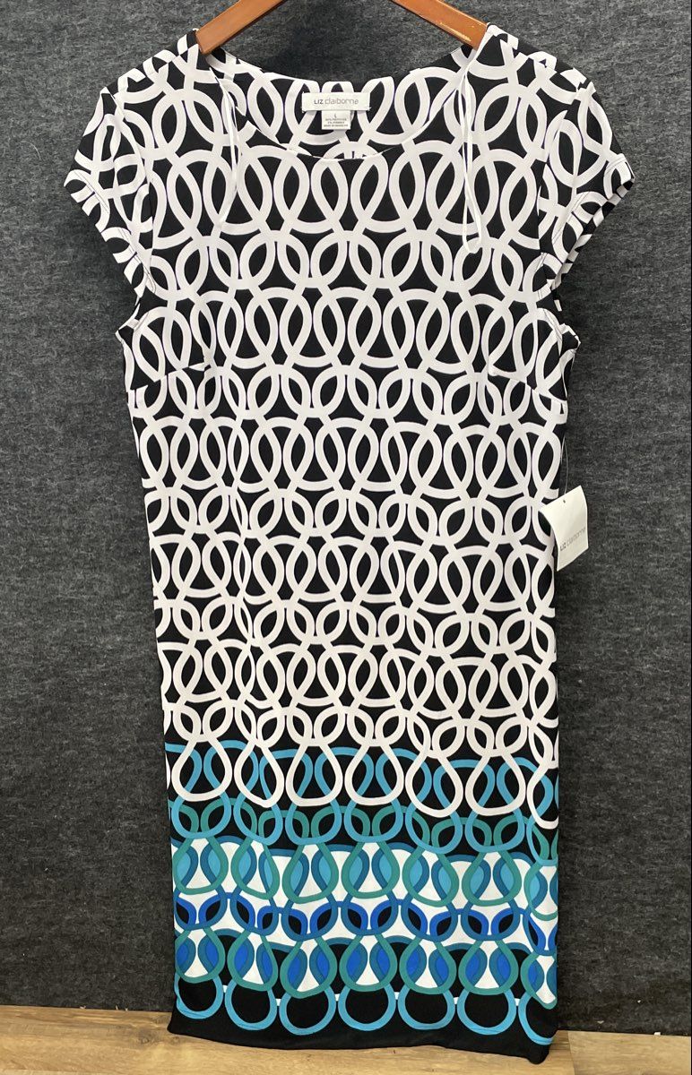 Liz Claiborne Women's Black White Blue Geometric Link Stretch Dress NWT Sz L