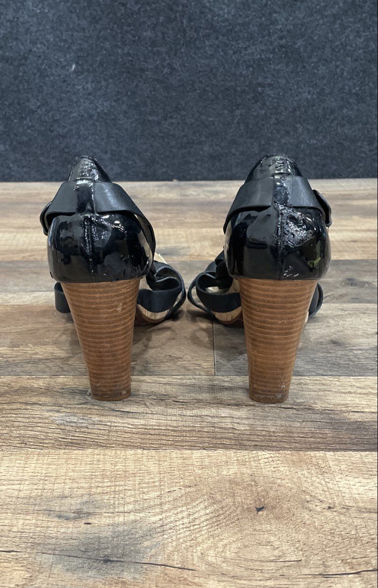 Cole Haan Black Leather Strappy Cork Platform Wood Block Heel Sandals Size 9.5B