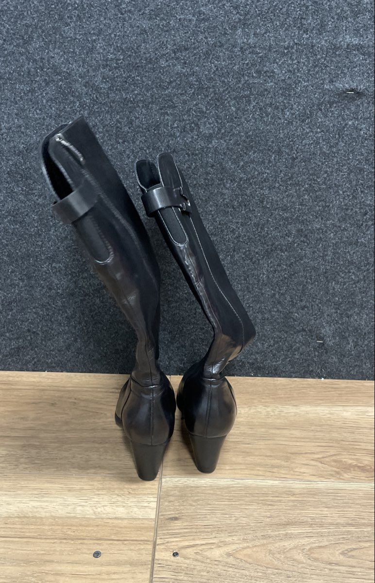 Black Leather Tall Knee High Block Heel Side Zip Boots Women's Size 37