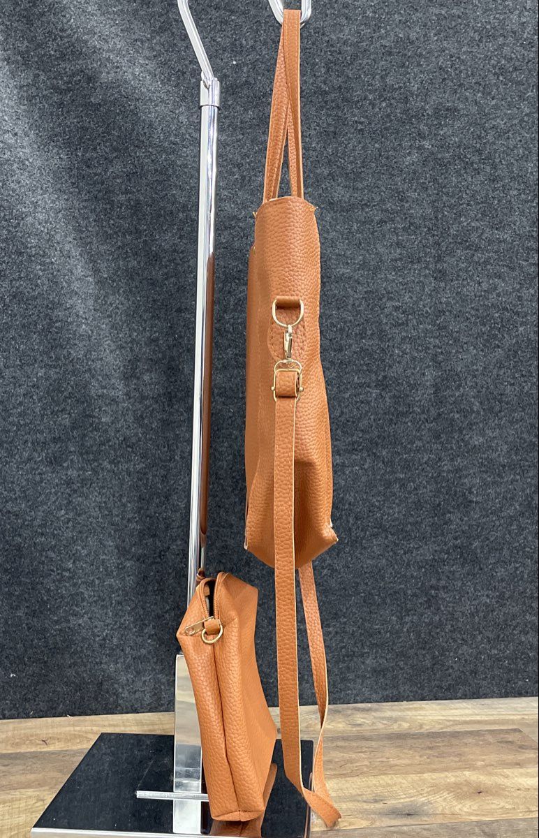 Jingpin Brown Leather Tote Bag & Pouch Set Crossbody Strap Gold Hardware
