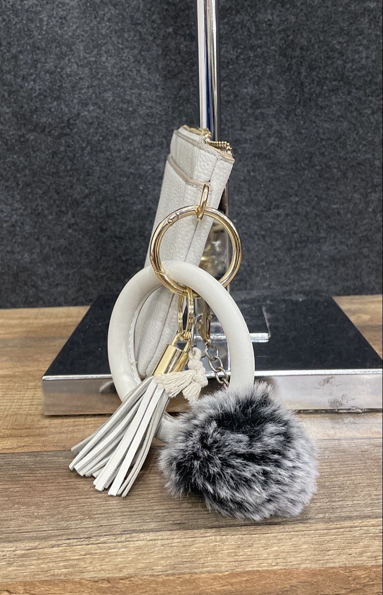Nanette Lepore White Leather Wristlet Clutch Pouch Bangle Handle Pom Pom Tassel