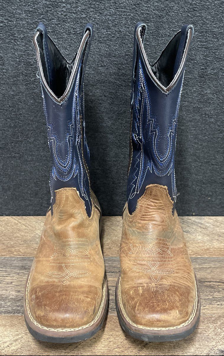 J.B. Dillon Kids Brown Blue Leather Square Toe Western Cowboy Boots Size 3