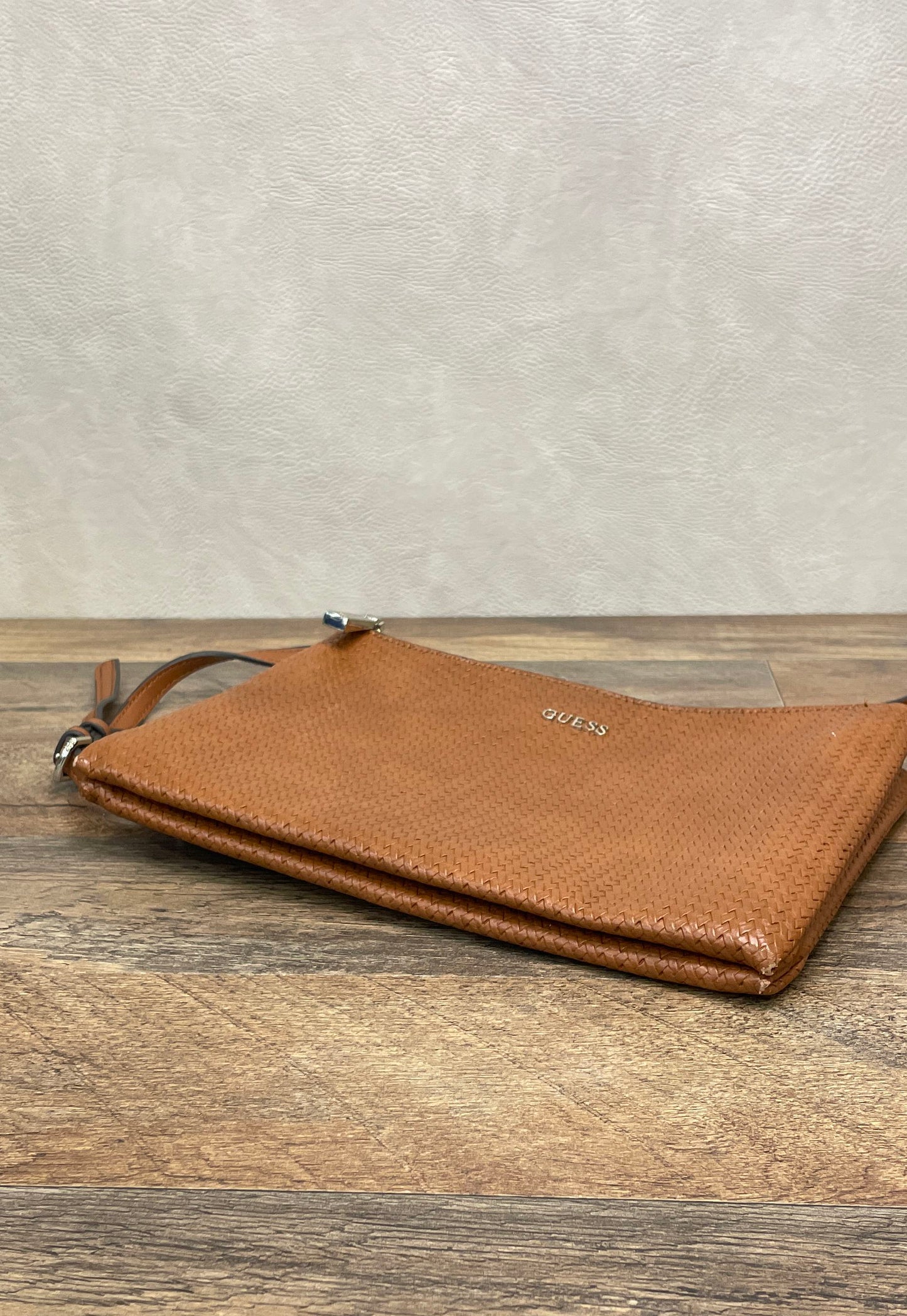 Guess Brown Woven Faux Leather Crossbody Bag Gold Tone Hardware