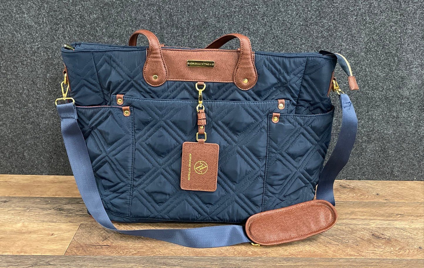 Adrienne Vittadini Navy Quilted Nylon Tote Bag Crossbody Laptop Bag Gold