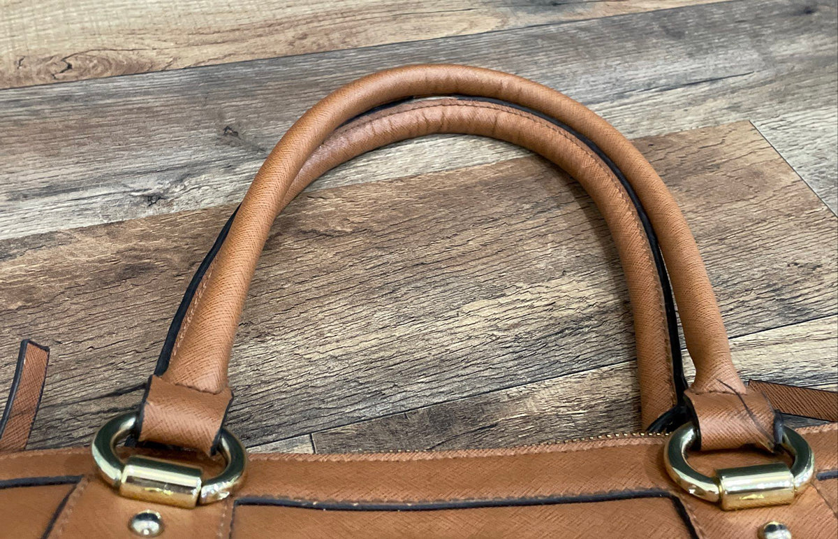 Liz Claiborne Brown Leather Structured Large Tote Handbag Gold Hardware