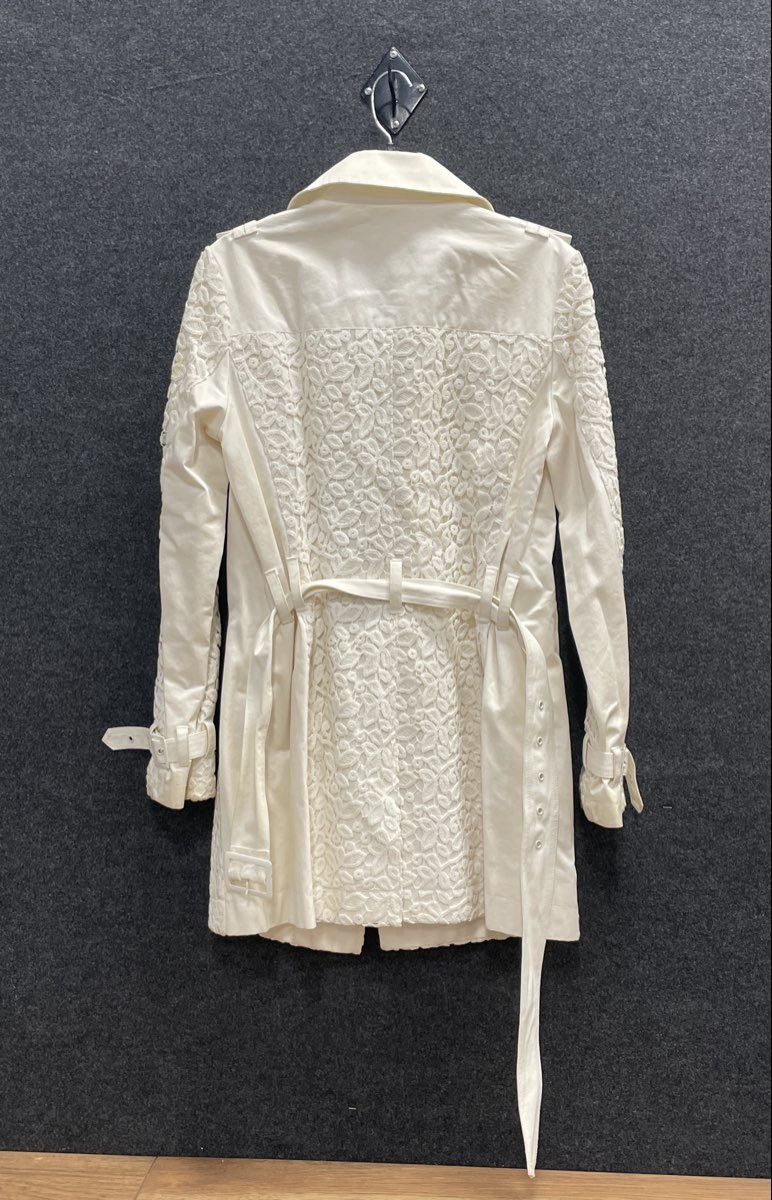 Catherine Malandrino Women's White Lace Overlay Double Breasted Trench Coat Sz 4
