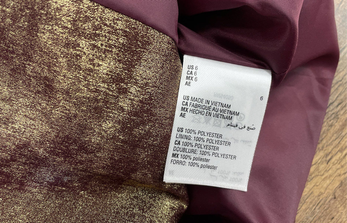 Bar III Women's Blazer Metallic Gold Burgundy Distressed Crest Button Sz 6
