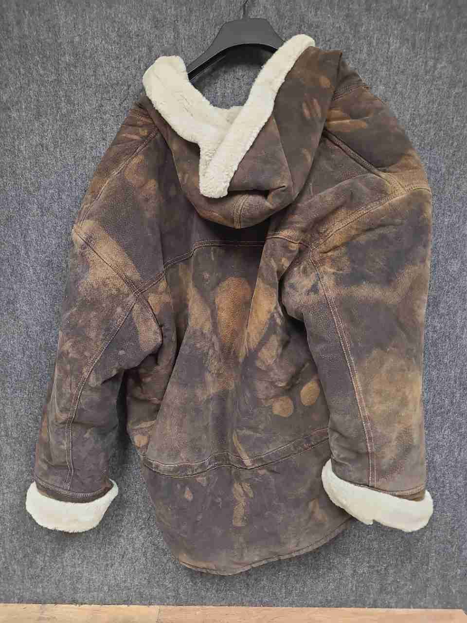 Gallery Women's Vintage Y2K Distressed Brown Leather Hooded Shearling Coat Sz L