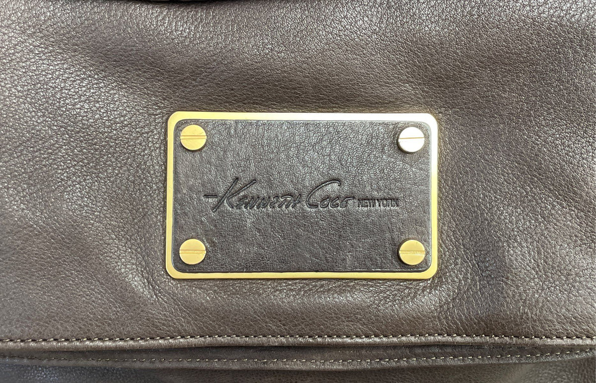 Kenneth Cole New York Brown Leather Foldover Crossbody Shoulder Bag Large Gold