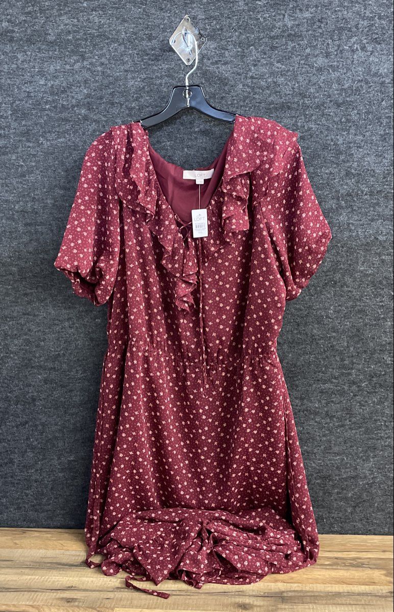 Loft Women's Burgundy Ruffle Neck Floral Print Puff Sleeve Dress XXL NWT