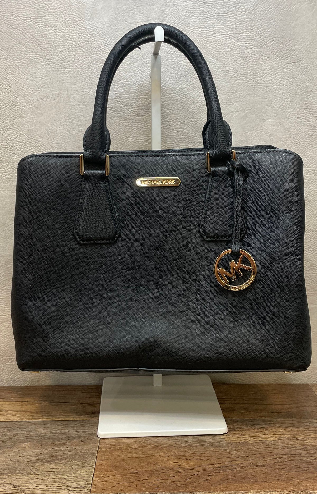 Michael Kors Black Saffiano Leather Structured Satchel Bag Gold Hardware