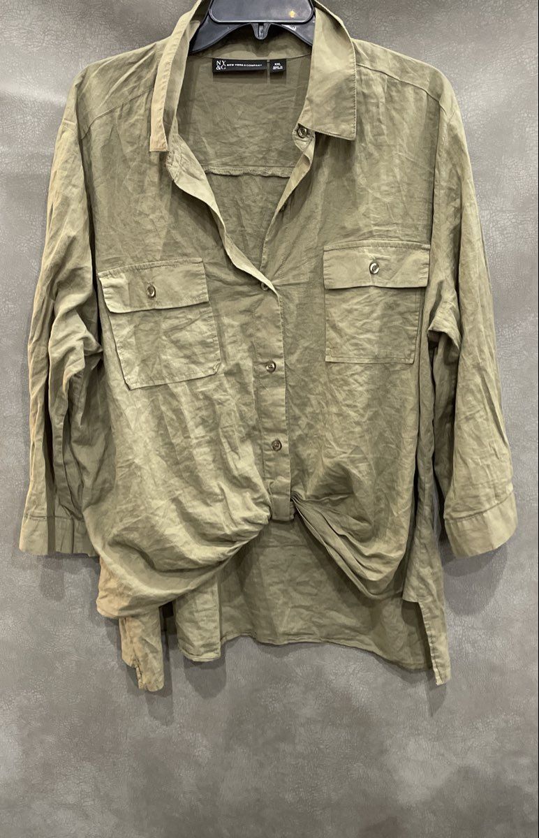 New York & Company Women's Green Cotton Tie Front Button Down Shirt Blouse XXL
