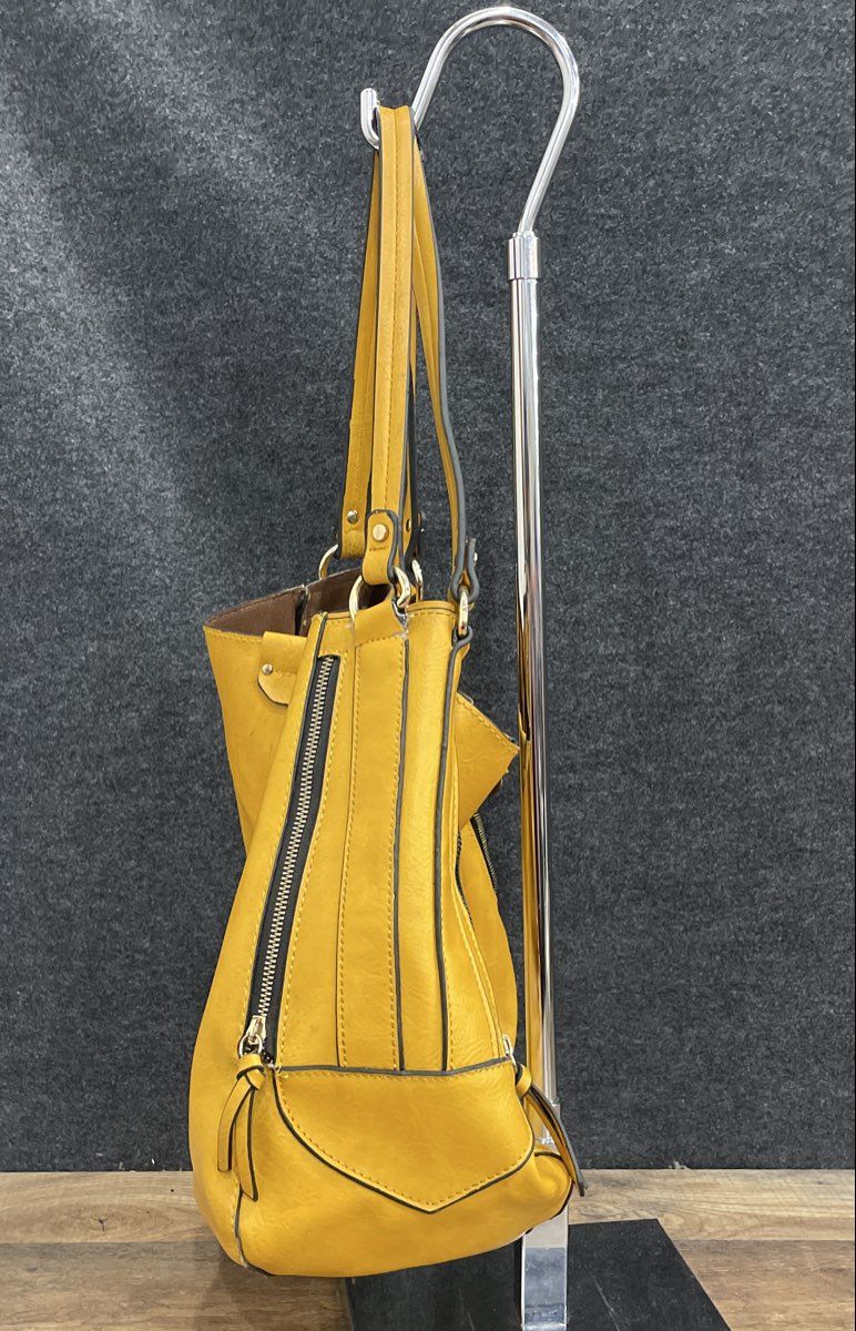 Yellow Leather Hobo Shoulder Bag Gold Tone Zipper Accents Large Tote