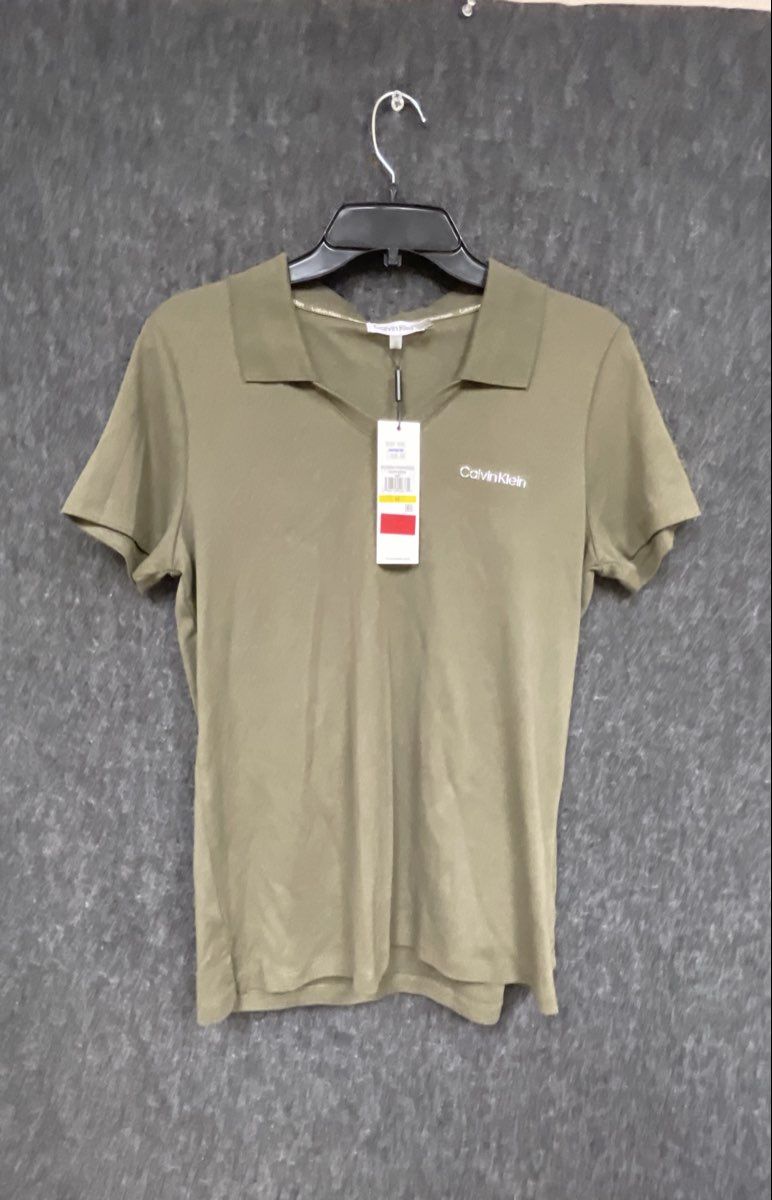 Calvin Klein Women's Olive Green V-Neck Short Sleeve Polo Shirt NWT Sz M