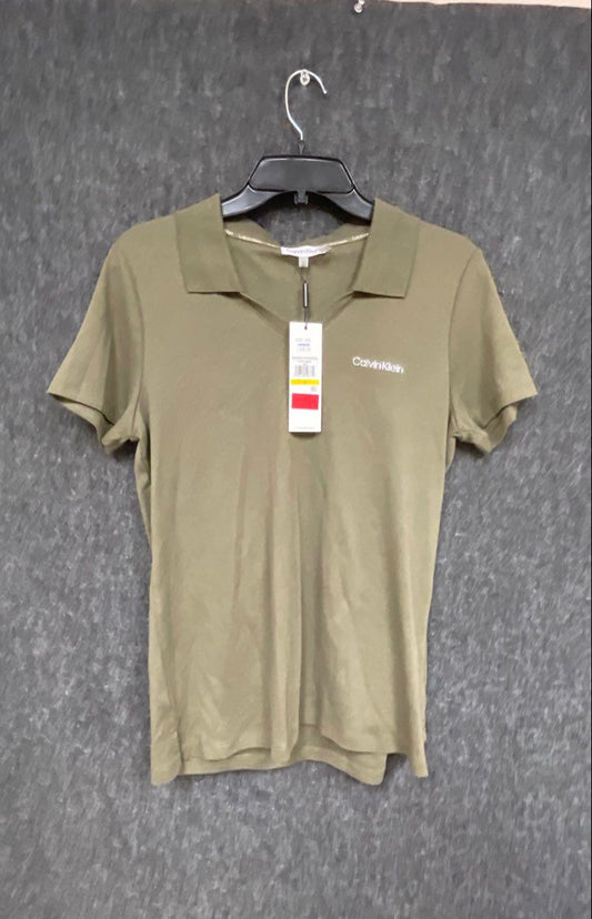 Calvin Klein Women's Olive Green V-Neck Short Sleeve Polo Shirt NWT Sz M
