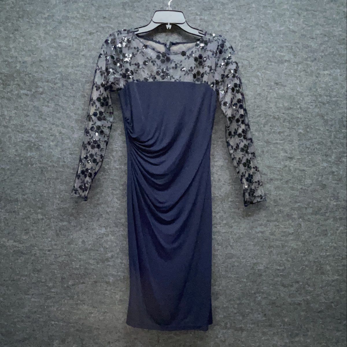 David Meister Navy Blue Floral Sequined Lace Top Ruched Sheath Dress Size 2