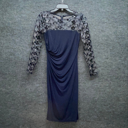 David Meister Navy Blue Floral Sequined Lace Top Ruched Sheath Dress Size 2