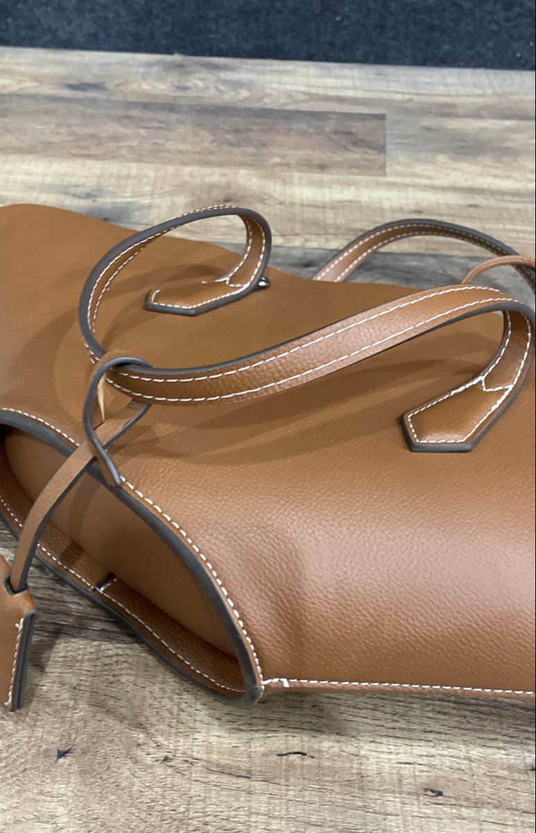 Zara Tan Pebbled Architectural Fan Tote Bag with Contrast Stitching & Pouch