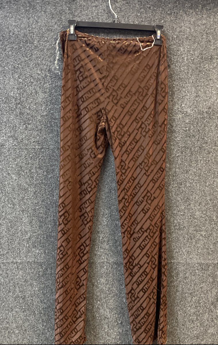 Fashion Nova Women's Brown Flocked Logo Mesh Cut Out Side Pants Sz L