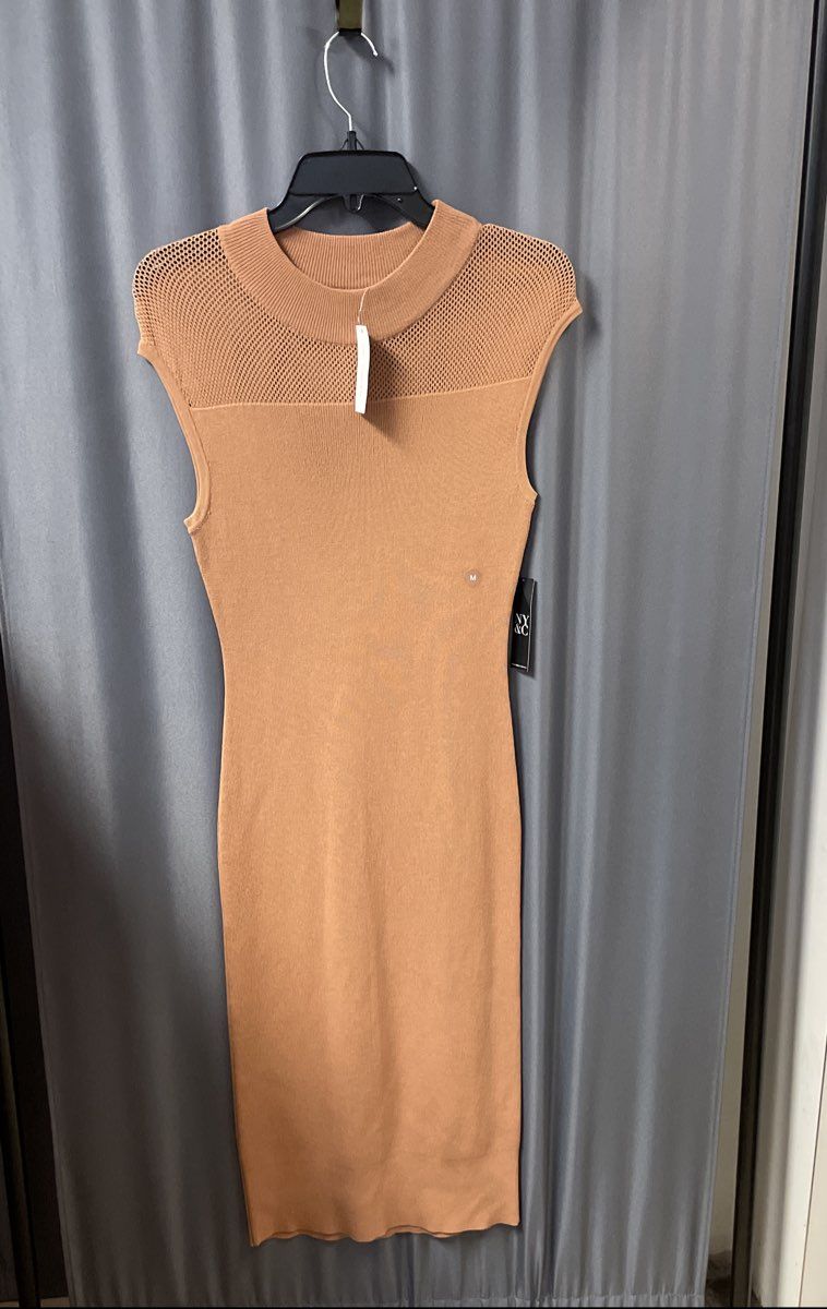 New York & Company Women's Mocha Knit Mesh Yoke Mock Neck Dress Sz M NWT