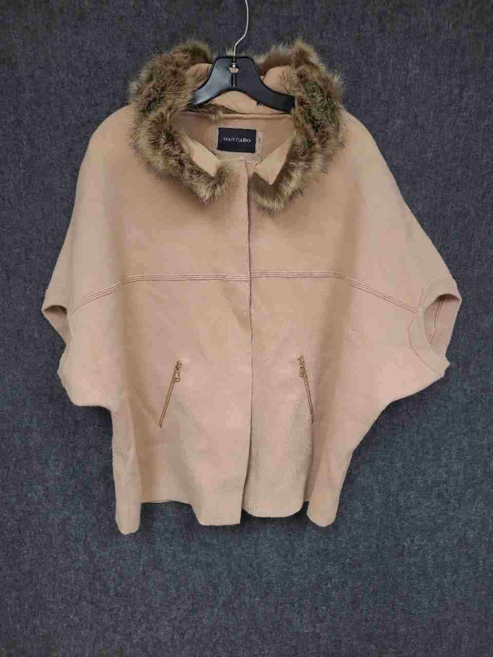 Dolce Cabo Women's Tan Knit Faux Fur Collar Poncho Cape Jacket Size M/L