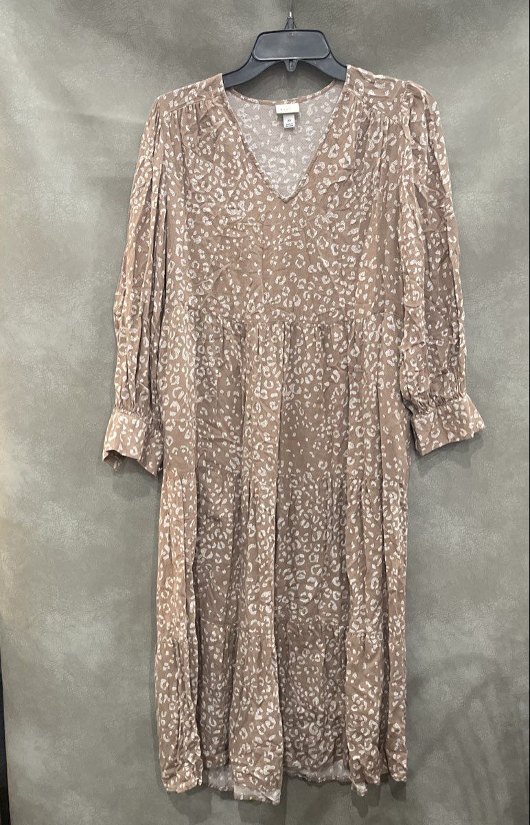 A New Day Women's Brown Leopard Print Tiered V-Neck Long Sleeve Midi Dress Sz XS
